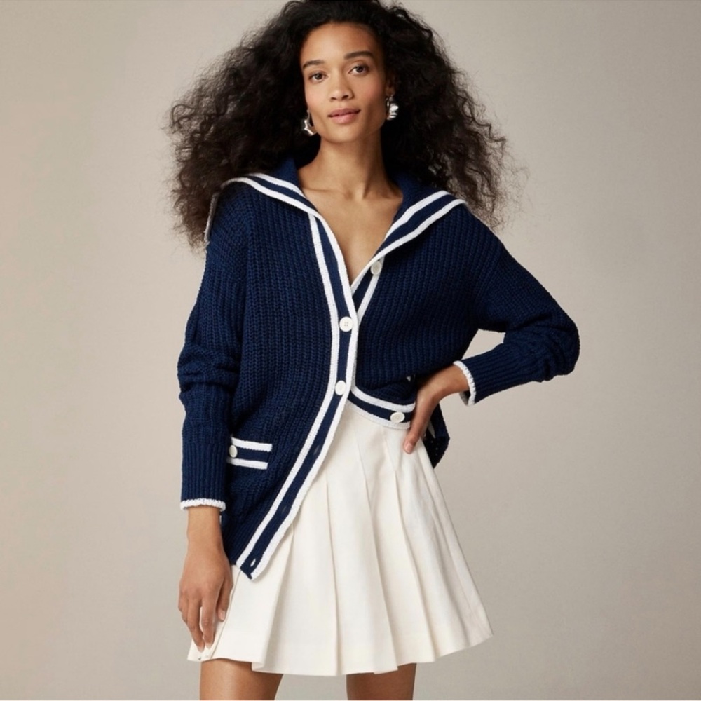 J CREW Textured Sailor Cardigan Sweater Blue White Size Medium Preppy‎ Nautical - Picture 2 of 12